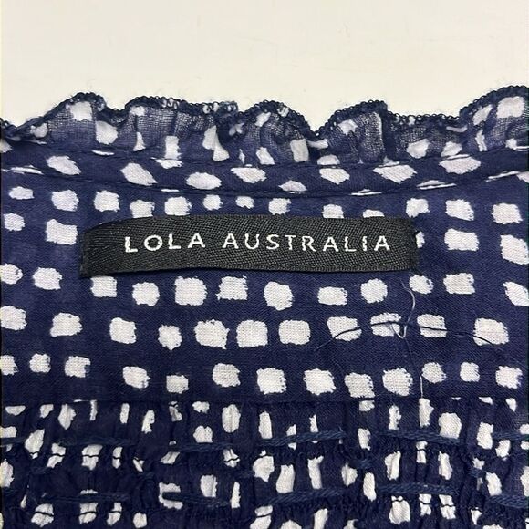 Lola Australia Navy Abstract Dotted Cotton Button Down V-Neck Ruffled Tunic- Lrg - Picture 8 of 10